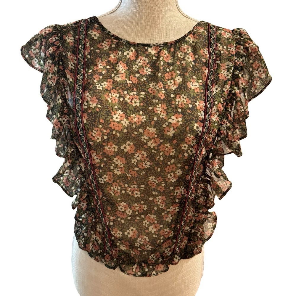 Zara Floral Ruffle Blouse with Beaded Embroidery